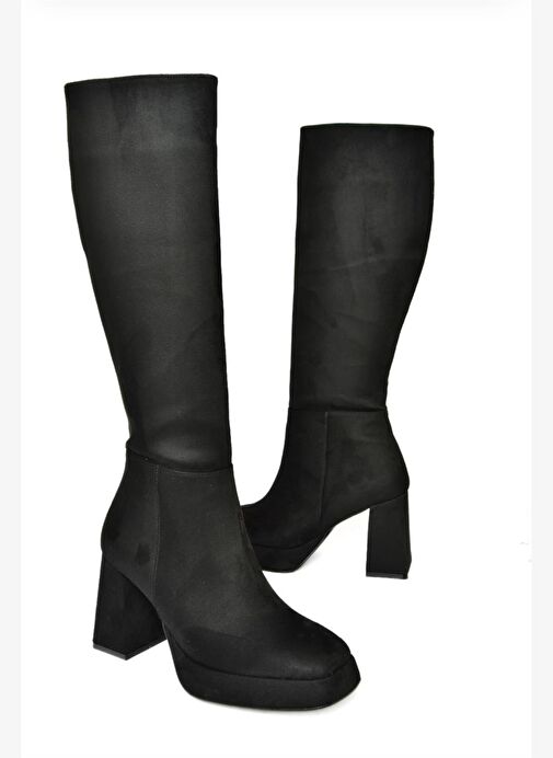 R282230102 Siyah Süet Platform Kalın Topuklu Kadın Çizme - Görsel 8