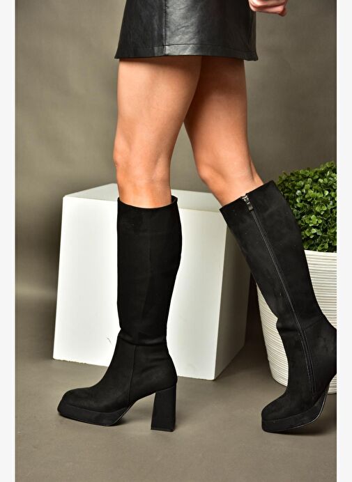 R282230102 Siyah Süet Platform Kalın Topuklu Kadın Çizme - Görsel 5