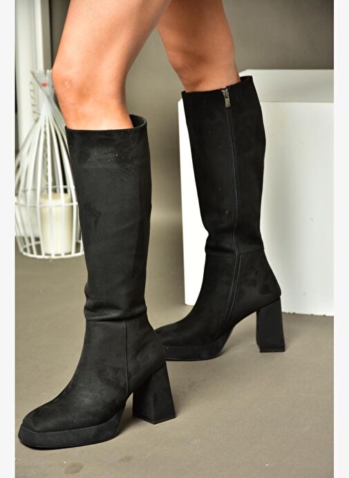 R282230102 Siyah Süet Platform Kalın Topuklu Kadın Çizme - Görsel 3