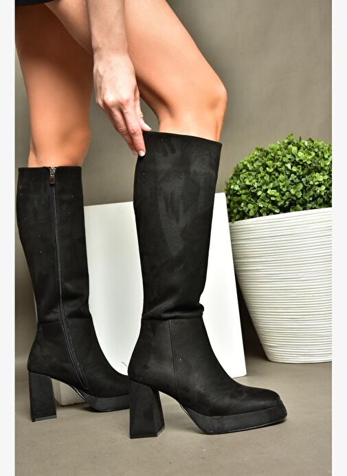 R282230102 Siyah Süet Platform Kalın Topuklu Kadın Çizme - Görsel 2