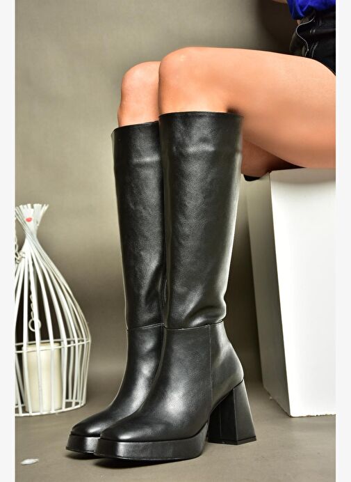 R282230109 Siyah Platform Kalın Topuklu Kadın Çizme - Görsel 6