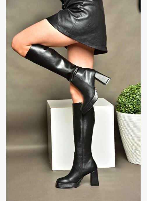 R282230109 Siyah Platform Kalın Topuklu Kadın Çizme - Görsel 3