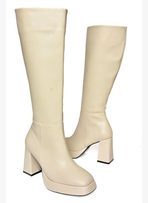 R282230109 Bej Platform Kalın Topuklu Kadın Çizme - Görsel 7