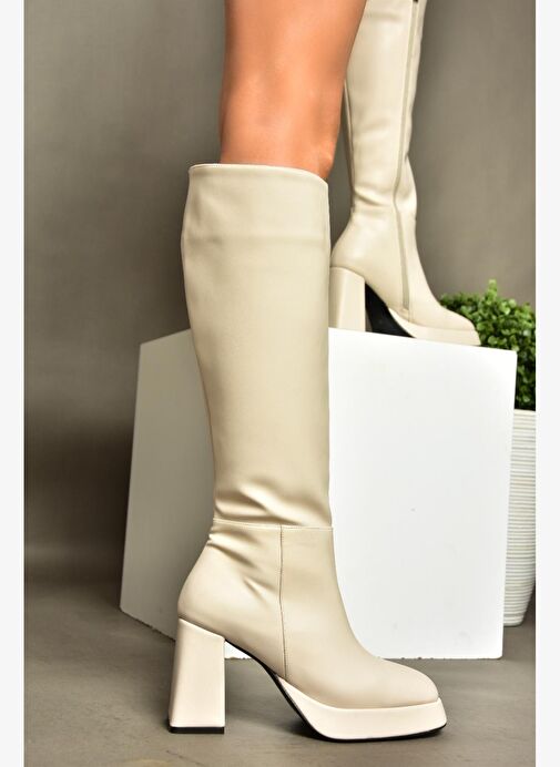 R282230109 Bej Platform Kalın Topuklu Kadın Çizme - Görsel 2