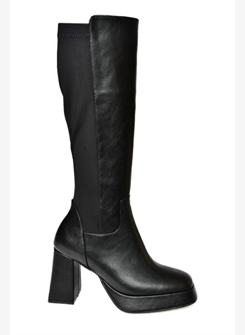 R282230309 Siyah Platform Kalın Topuklu Arkası Lastikli Kadın Çizme - Görsel 7