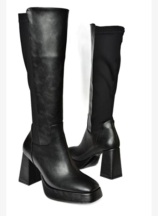 R282230309 Siyah Platform Kalın Topuklu Arkası Lastikli Kadın Çizme - Görsel 9