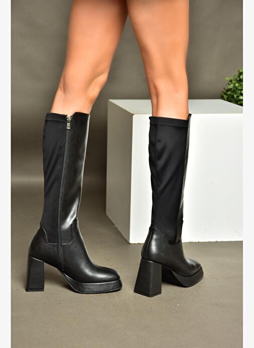 R282230309 Siyah Platform Kalın Topuklu Arkası Lastikli Kadın Çizme - Görsel 3