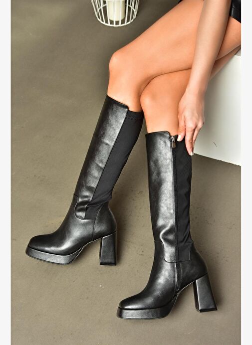 R282230309 Siyah Platform Kalın Topuklu Arkası Lastikli Kadın Çizme - Görsel 6