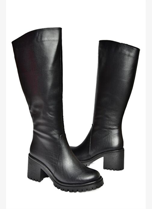 R654047703 Siyah Hakiki Deri Kalın Topuklu Kadın Çizme - Görsel 6