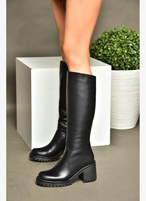 R654047703 Siyah Hakiki Deri Kalın Topuklu Kadın Çizme - Görsel 4