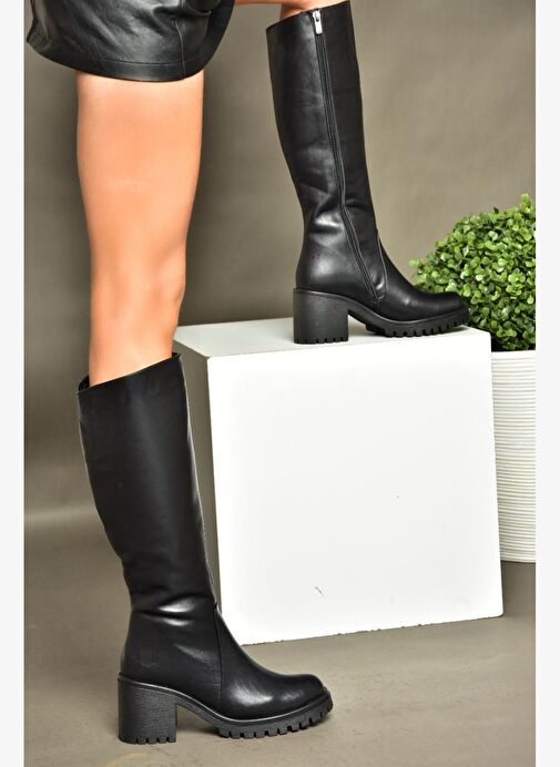 R654047703 Siyah Hakiki Deri Kalın Topuklu Kadın Çizme - Görsel 2