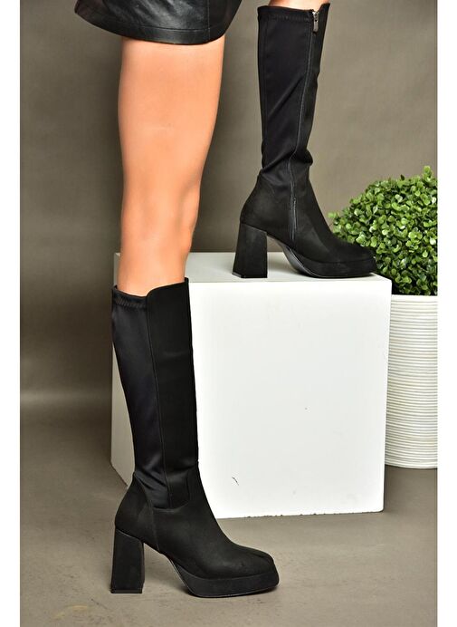 R282230302 Siyah Süet Platform Kalın Topuklu Arkası Lastikli Kadın Çizme - Görsel 4