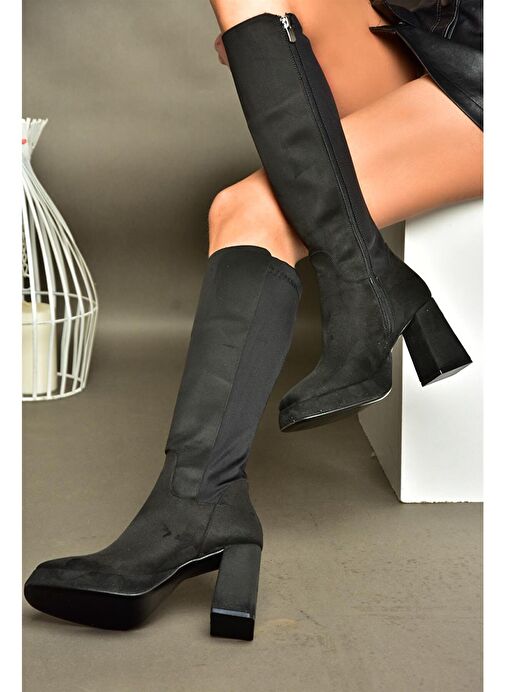 R282230302 Siyah Süet Platform Kalın Topuklu Arkası Lastikli Kadın Çizme - Görsel 6