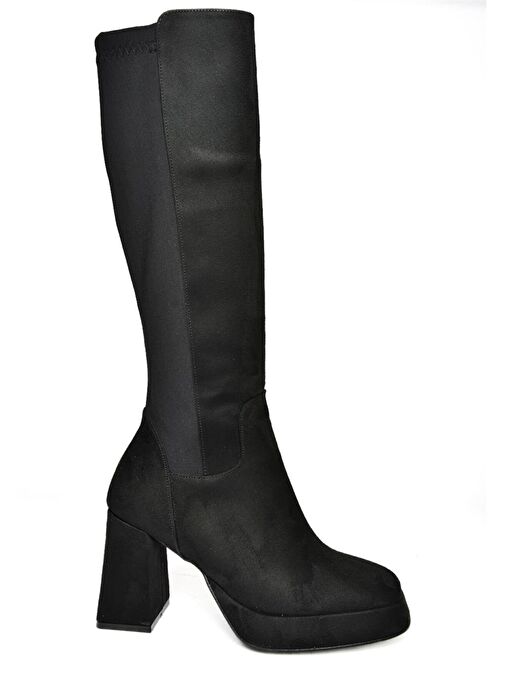 R282230302 Siyah Süet Platform Kalın Topuklu Arkası Lastikli Kadın Çizme - Görsel 7