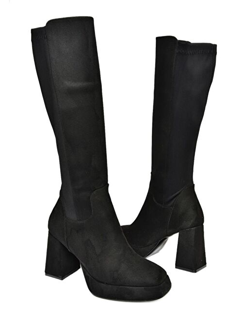 R282230302 Siyah Süet Platform Kalın Topuklu Arkası Lastikli Kadın Çizme - Görsel 9