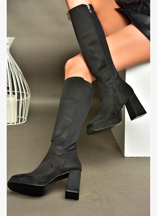 R282230302 Siyah Süet Platform Kalın Topuklu Arkası Lastikli Kadın Çizme - Görsel 6