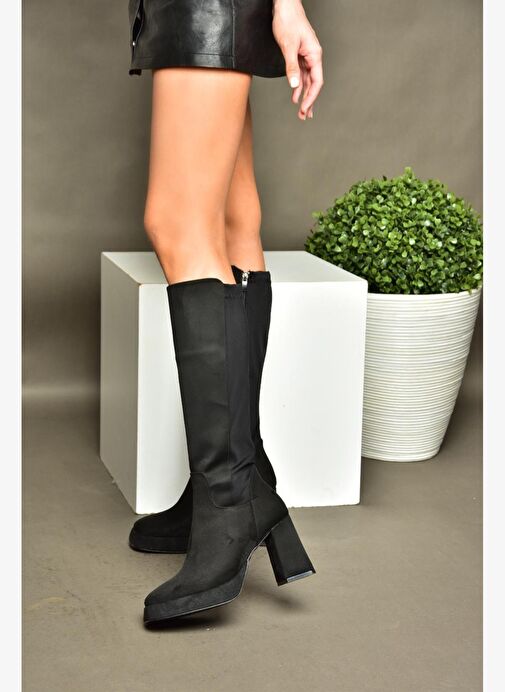 R282230302 Siyah Süet Platform Kalın Topuklu Arkası Lastikli Kadın Çizme - Görsel 5