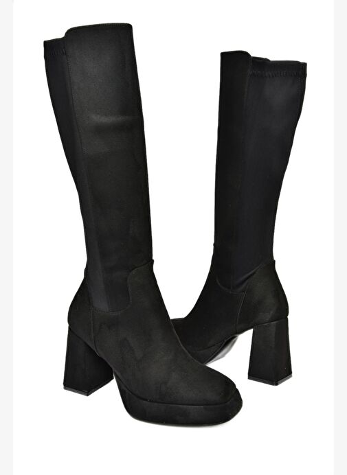 R282230302 Siyah Süet Platform Kalın Topuklu Arkası Lastikli Kadın Çizme - Görsel 9