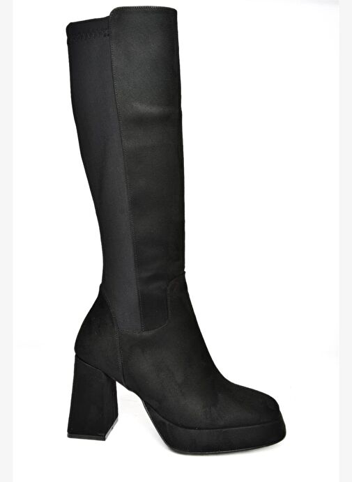 R282230302 Siyah Süet Platform Kalın Topuklu Arkası Lastikli Kadın Çizme - Görsel 7