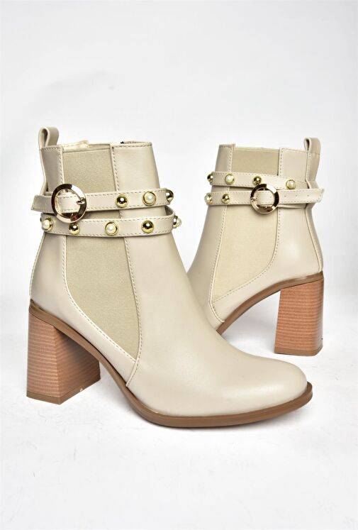 R518101109 Bej Kalın Topuklu Kadın Bot - Görsel 9