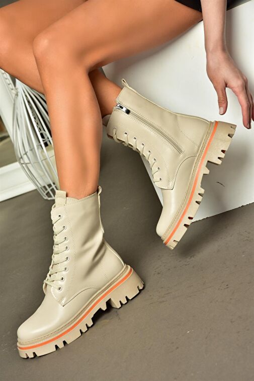 R524802209 Bej Bağcıklı Kadın Postal Bot - Görsel 2