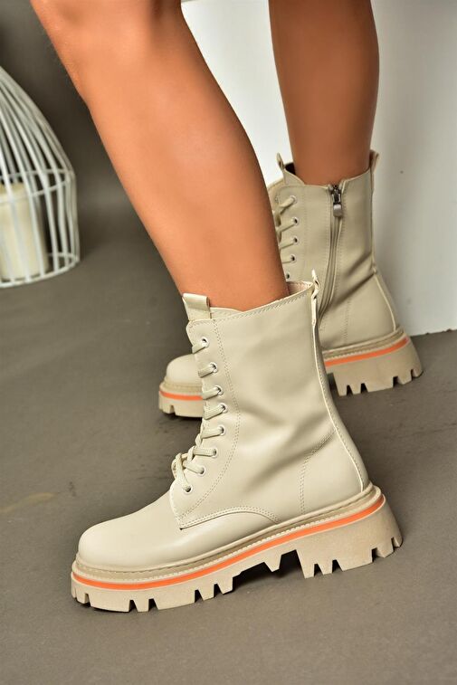 R524802209 Bej Bağcıklı Kadın Postal Bot - Görsel 4