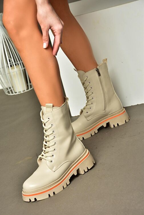 R524802209 Bej Bağcıklı Kadın Postal Bot - Görsel 5