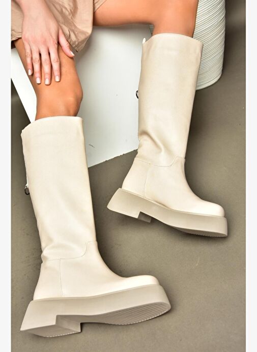 R610067009 Bej Kalın Tabanlı Çizme - Görsel 2