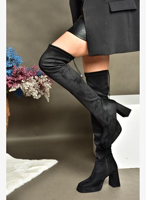 R282230002 Siyah Süet Dizüstü Kalın Topuklu Kadın Çizme - Görsel 3