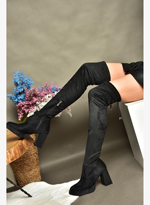 R282230002 Siyah Süet Dizüstü Kalın Topuklu Kadın Çizme - Görsel 2