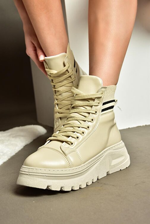 R250660009 Bej Kalın Tabanlı Kadın Bot - Görsel 2