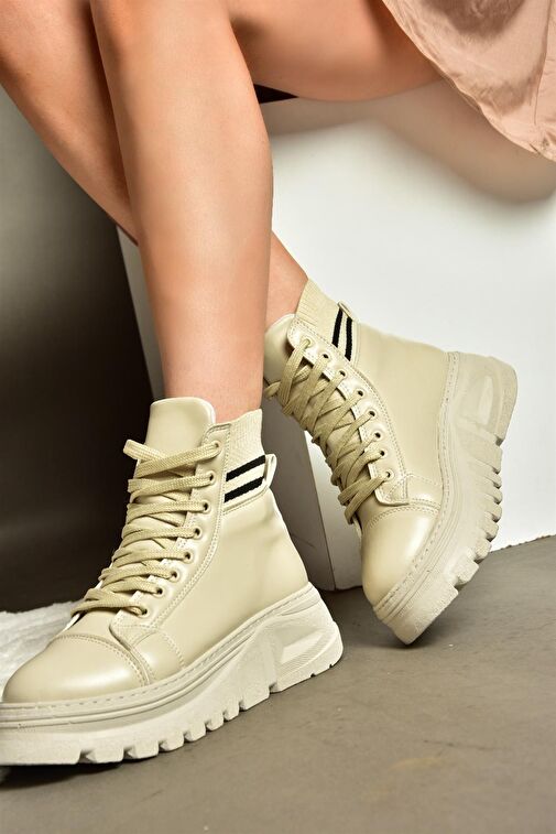 R250660009 Bej Kalın Tabanlı Kadın Bot - Görsel 3