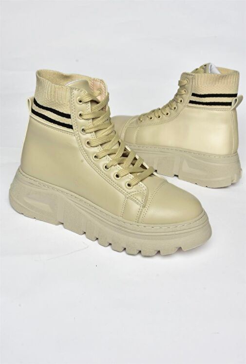 R250660009 Bej Kalın Tabanlı Kadın Bot - Görsel 6
