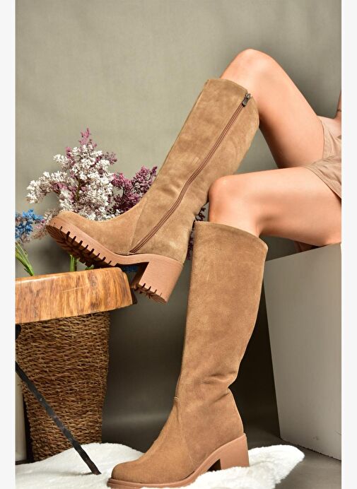 R654047702 Taba Hakiki Deri Süet Kalın Topuklu Kadın Çizme - Görsel 2