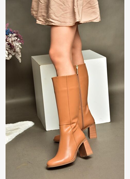 R518101409 Taba Kalın Topuklu Kadın Çizme - Görsel 4