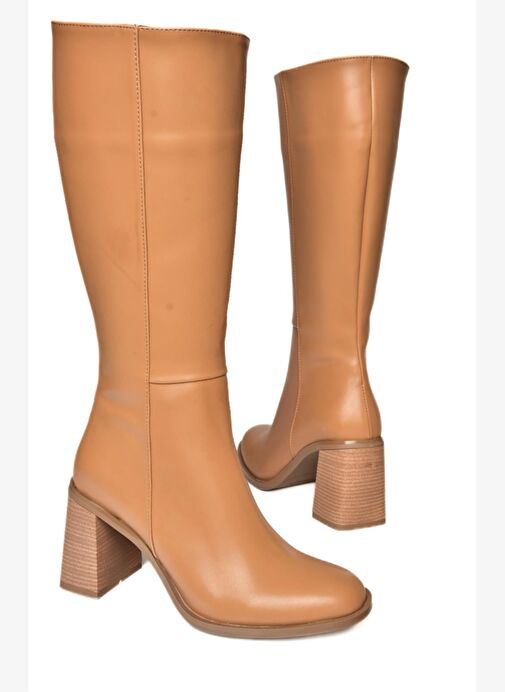 R518101409 Taba Kalın Topuklu Kadın Çizme - Görsel 6