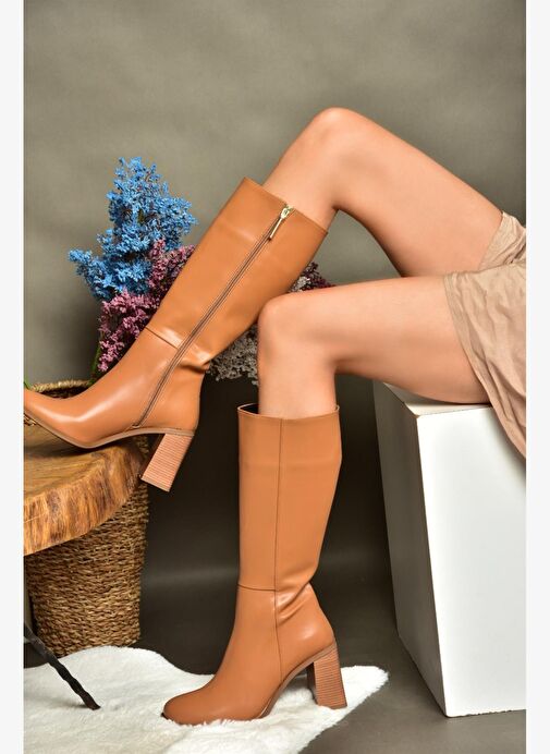 R518101409 Taba Kalın Topuklu Kadın Çizme - Görsel 3