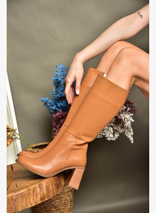 R518101409 Taba Kalın Topuklu Kadın Çizme - Görsel 2