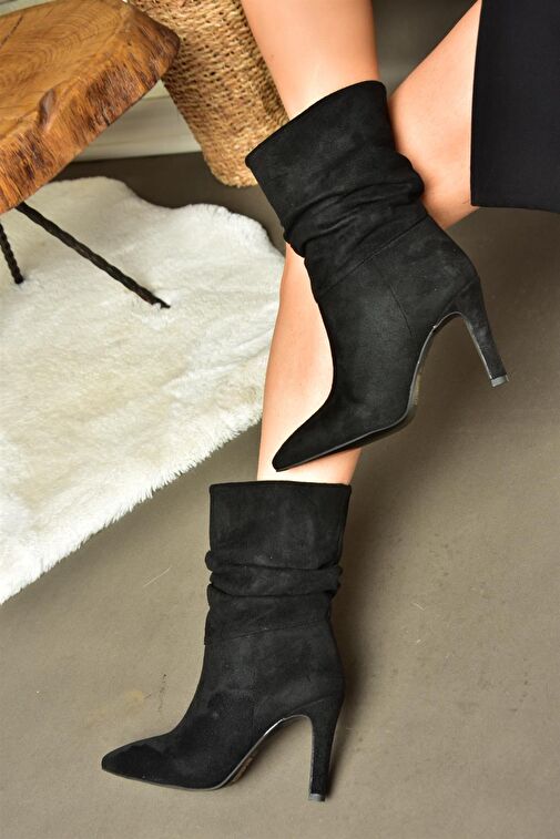 R404020302 Siyah Süet İnce Topuklu Büzgülü Kadın Bot - Görsel 2