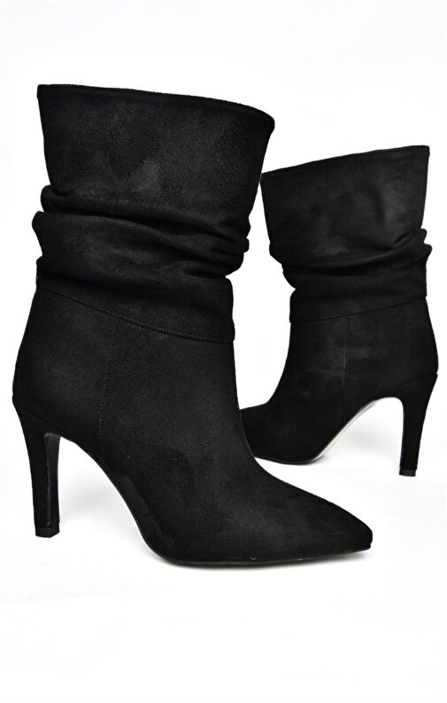R404020302 Siyah Süet İnce Topuklu Büzgülü Kadın Bot - Görsel 6