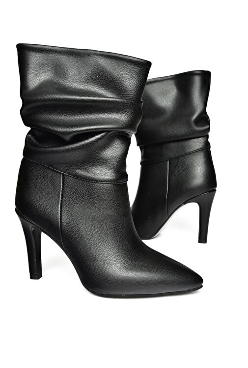 R404020309 Siyah İnce Topuklu Büzgülü Kadın Bot - Görsel 2