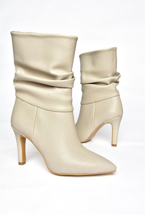 R404020309 Bej İnce Topuklu Büzgülü Kadın Bot - Görsel 7