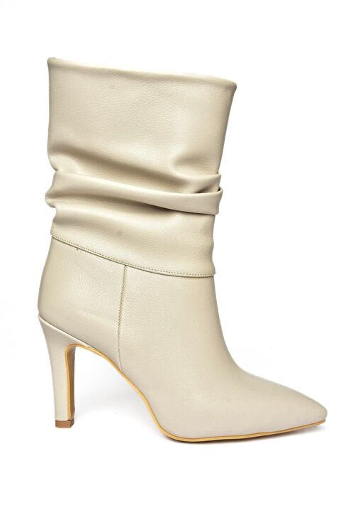 R404020309 Bej İnce Topuklu Büzgülü Kadın Bot - Görsel 8