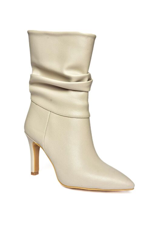 R404020309 Bej İnce Topuklu Büzgülü Kadın Bot - Görsel 9