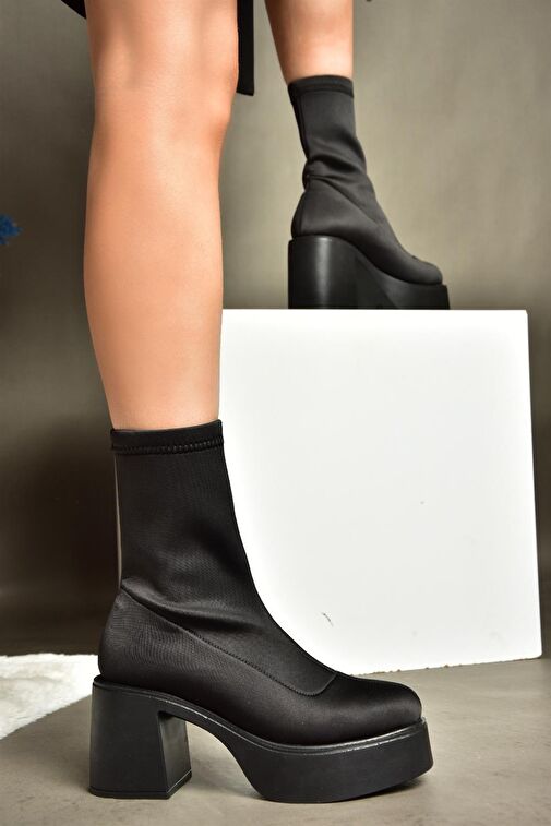 R404300004 Siyah Streç Kumaş Kalın Topuklu Kadın Bot - Görsel 4