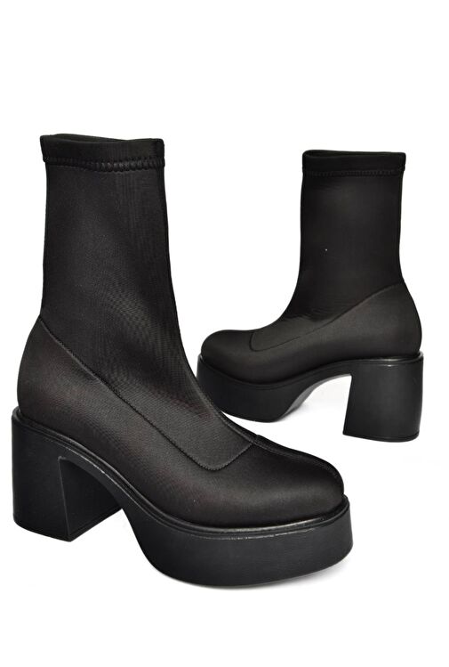 R404300004 Siyah Streç Kumaş Kalın Topuklu Kadın Bot - Görsel 6