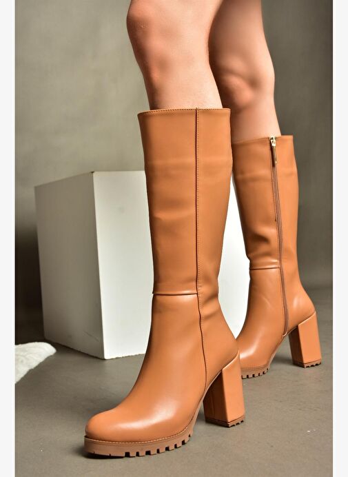 R518911409 Taba Kalın Topuklu Kadın Çizme - Görsel 2