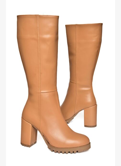 R518911409 Taba Kalın Topuklu Kadın Çizme - Görsel 6