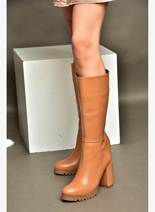 R518911409 Taba Kalın Topuklu Kadın Çizme - Görsel 4