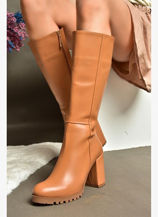 R518911409 Taba Kalın Topuklu Kadın Çizme - Görsel 3